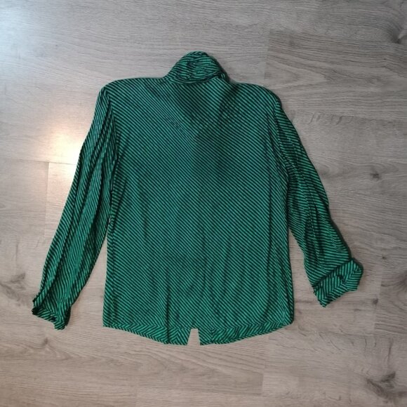 80s Vintage High Neck Bow Graphic Striped Printed Blouse - Picture 8 of 13